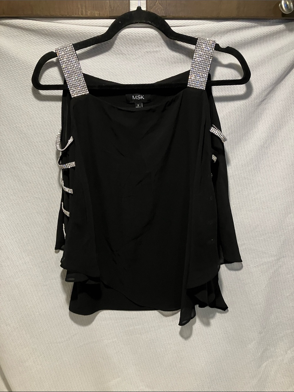 MSK Black Cold-Shoulder Top with Rhinestone Straps and Side Cutouts